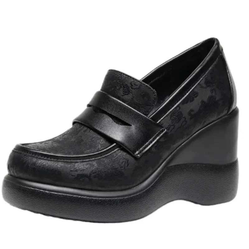 

ZXRYXGS Cowhide Patent Leather Round Toe Thick Sole Wedges Women High Heel Shoes 2024 Elegant Temperament Large Size Black Shoes