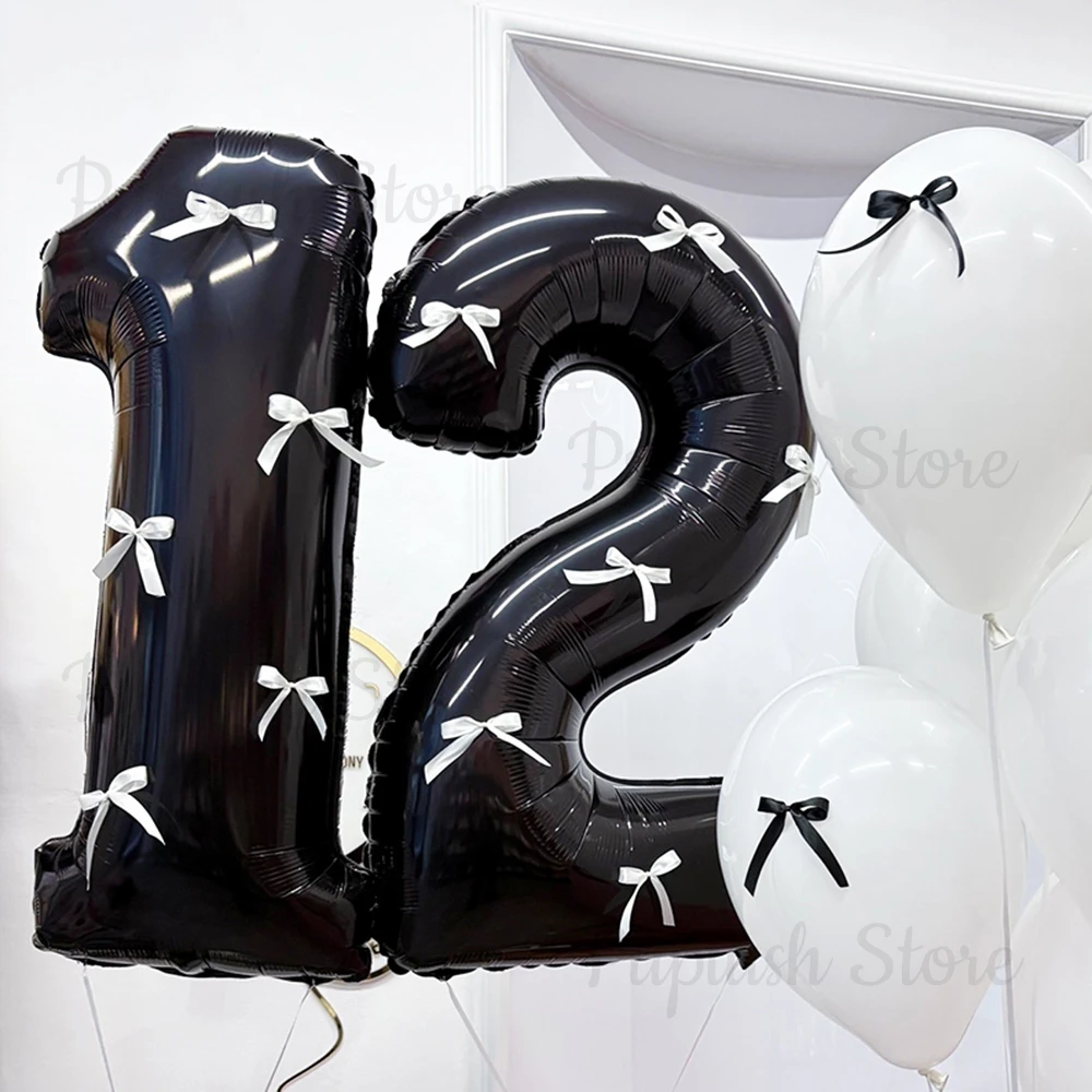 32inch White Pink Bows Black Number Balloons Large Number Foil Balloons with Bows for Coquette Birthday Baby Shower Party Decor