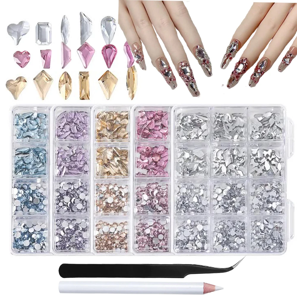 Kit de 12 rejillas de resina mixta para uñas, diamantes de imitación de cristal con parte posterior plana, joyas para uñas con recogedor de lápiz, pinzas, manualidades de manicura
