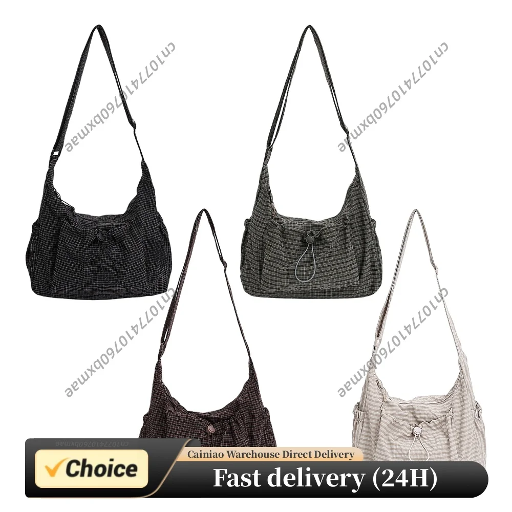Women Drawstring Crossbody Bag Nylon Stylish Plaid Tote Bag Large Capacity Trendy Satchel Bag Shopping Date Handbag