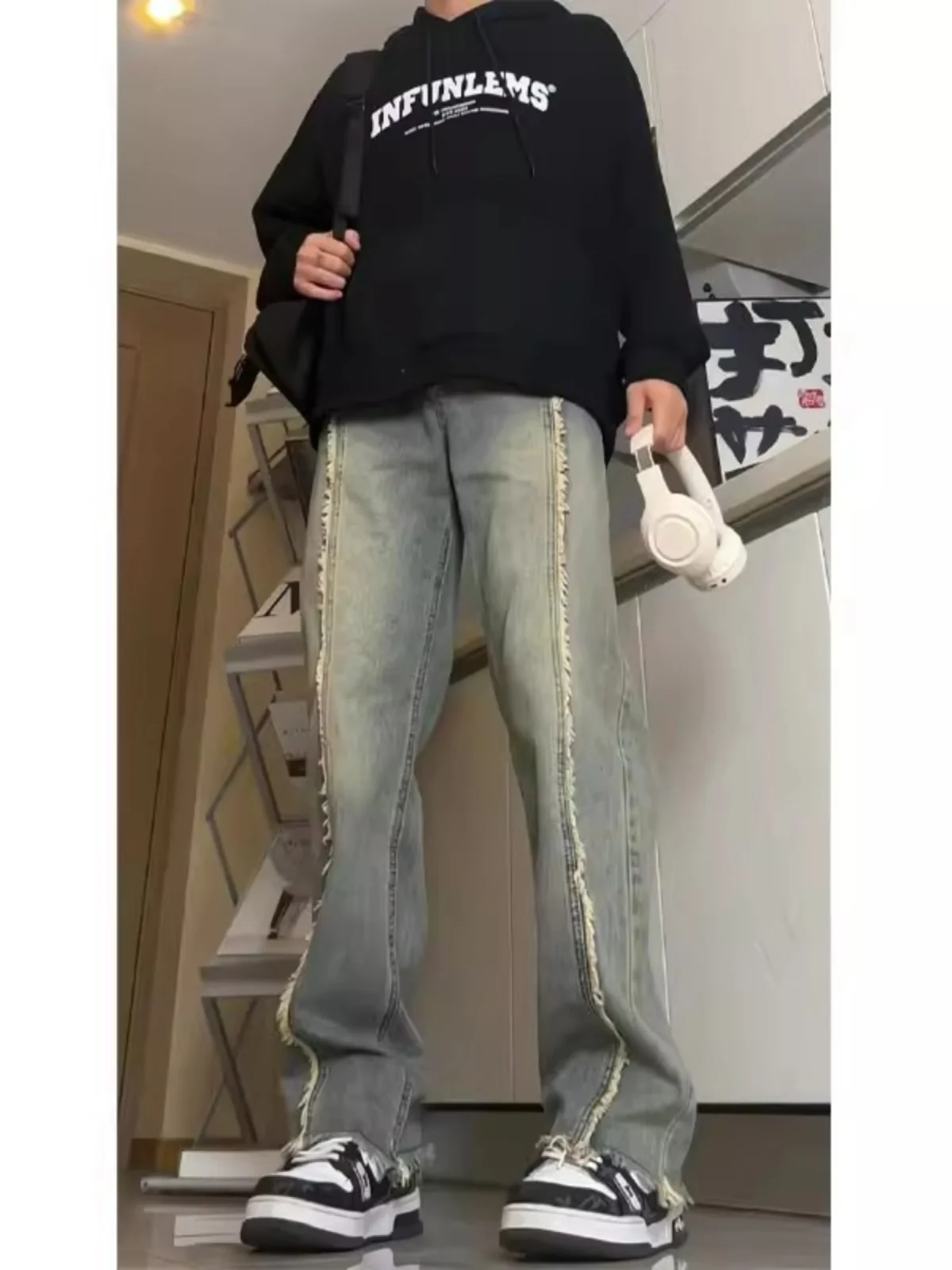 

Autumn Winter Men's High Street Hiphop Design Sensation Waed Straight Leg Jeans Yellow Mud Color Frayed Cotton Polyester