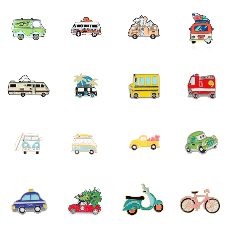 Classic Cars Enamel Pins Ambulance Fire Truck School Bus Taxi  Brooch Bag Button Badge Cartoon vehicle Jewelry Gift For Kids