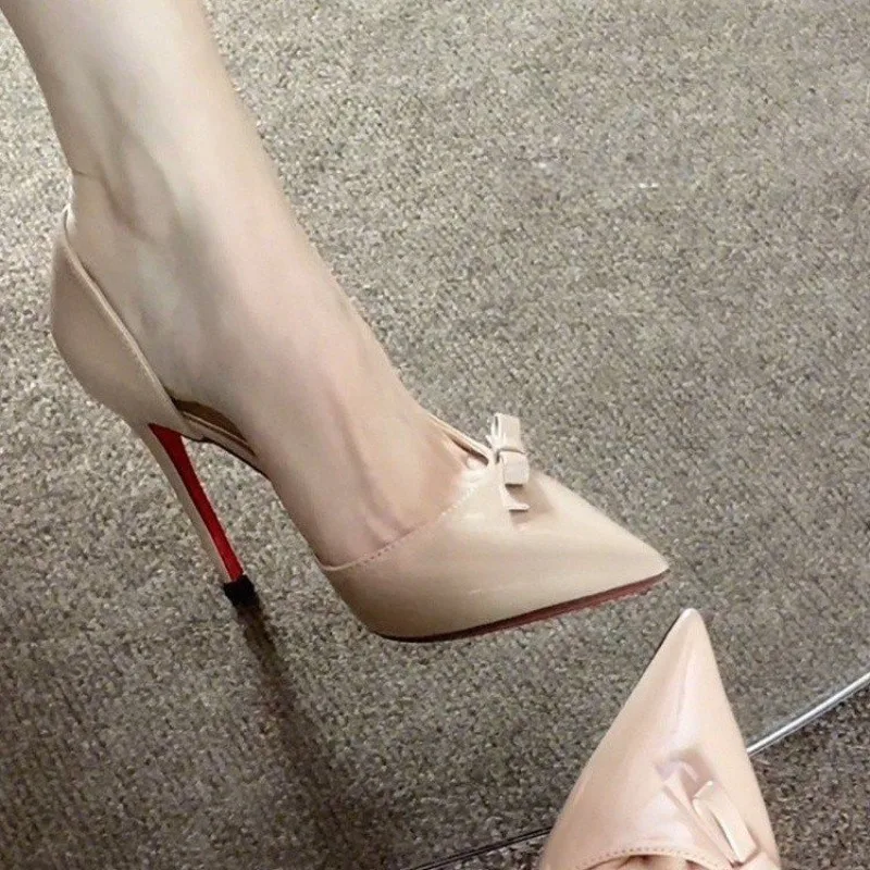 Side Empty Single Shoes Autumn New Pointed Toe Shallow Mouth Bow Slip-on Anti-Slip Wear-Resistant High Heels