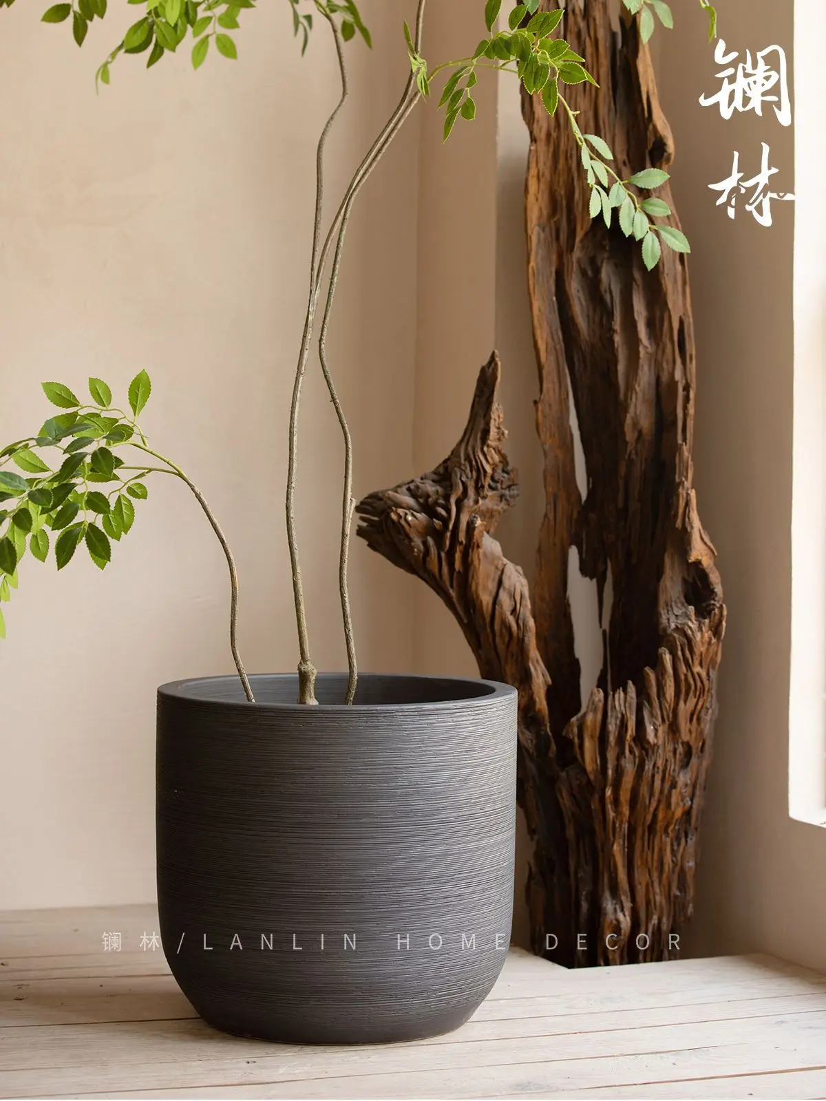 floor-to-ceiling ceramic flower pot large-diameter black deep pot living room courtyard landscaping pot