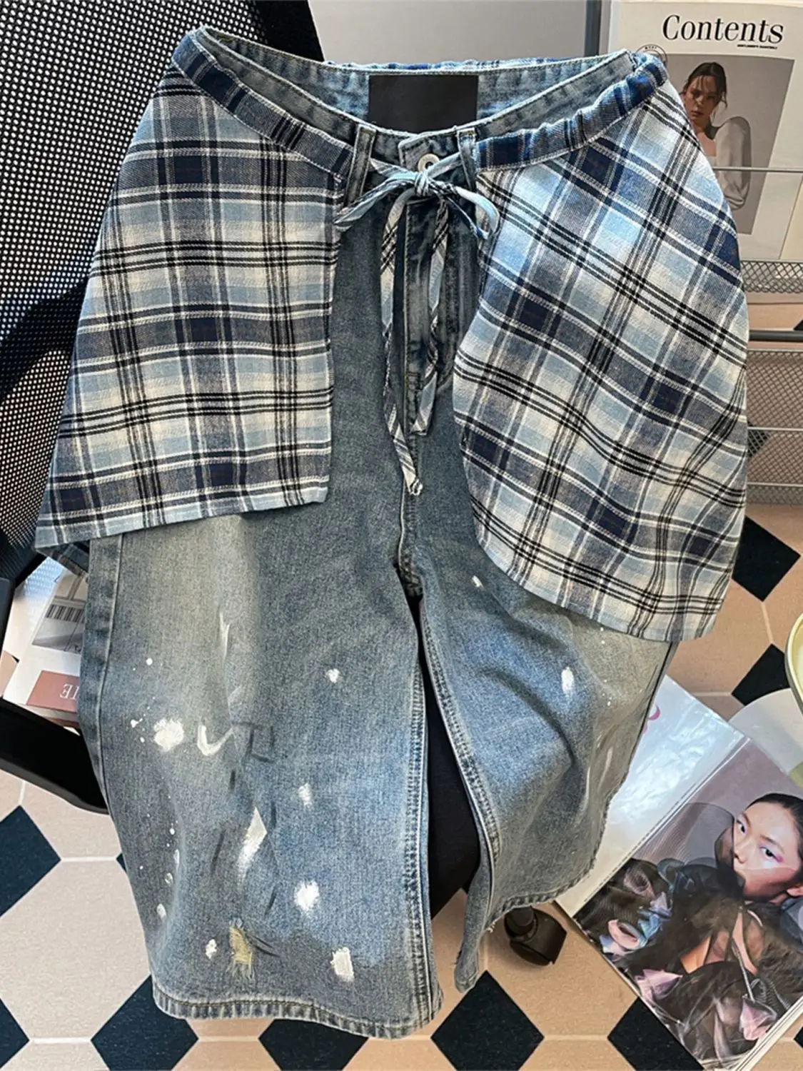 retro blue ink splashing straight denim cropped pants women's high waist and thin fart curtain short pants