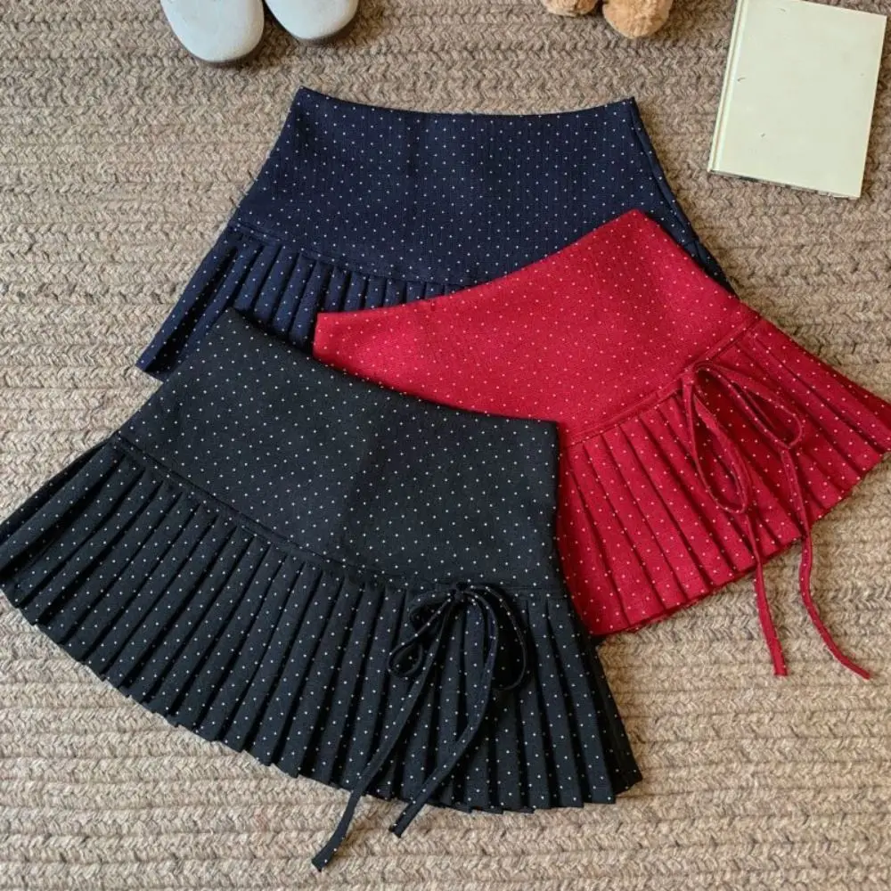 Sweet Pleated Skirts for Women Preppy Style Bowknot Dot Mini Skirt High Waist with Safety Pants A-line Short Skirts Ladies