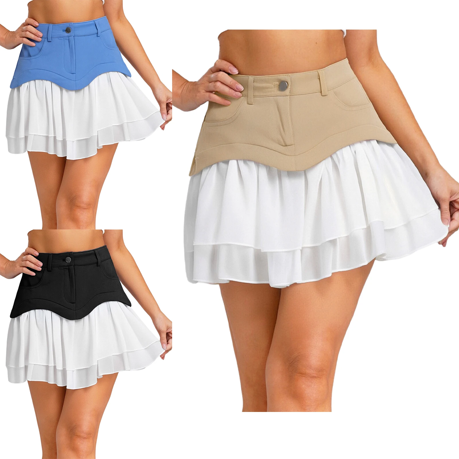 Femmes élégantes Mini jupe 2 couches plissée en mousseline de soie Patchwork jupe pour les vacances décontractées quotidiennes écolière jeune Mini jupes