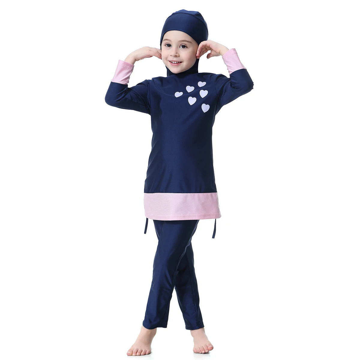 Lovely Muslim Girls Swimwear Burkini Baby Child Teens 1-16Y Islamic Hooded Swimsuit Full Cover Quick Dry Hearts Printing image 2