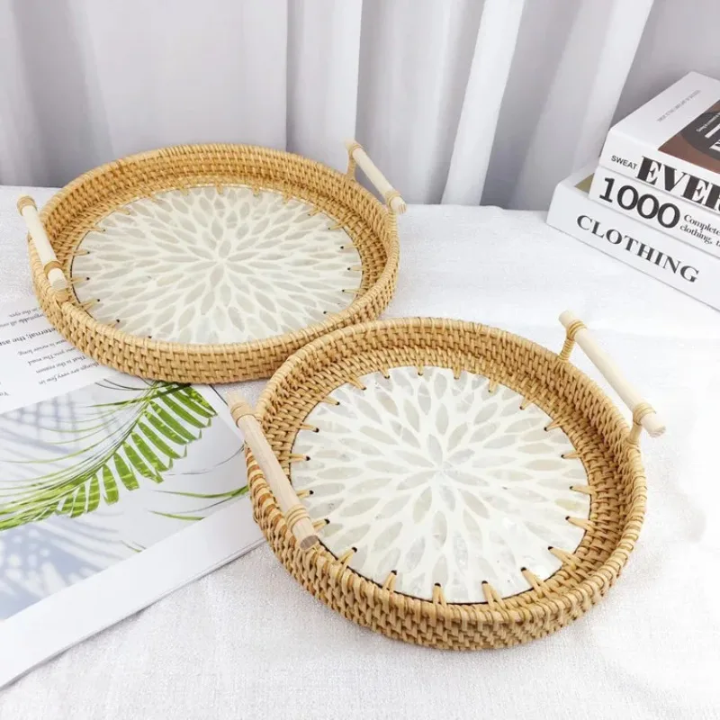 Rattan hand-woven dim sum creative fruit tray, living room decoration round binaural colored shell snack tray