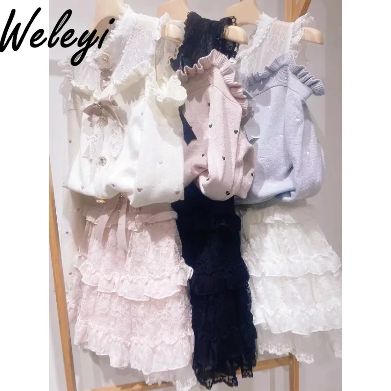 Japanese Mine Cute Bowknot Sweaters Sweet Mass Produced High Quality Popular Embroidery Love Lace Strap Off Shoulder Knitwear