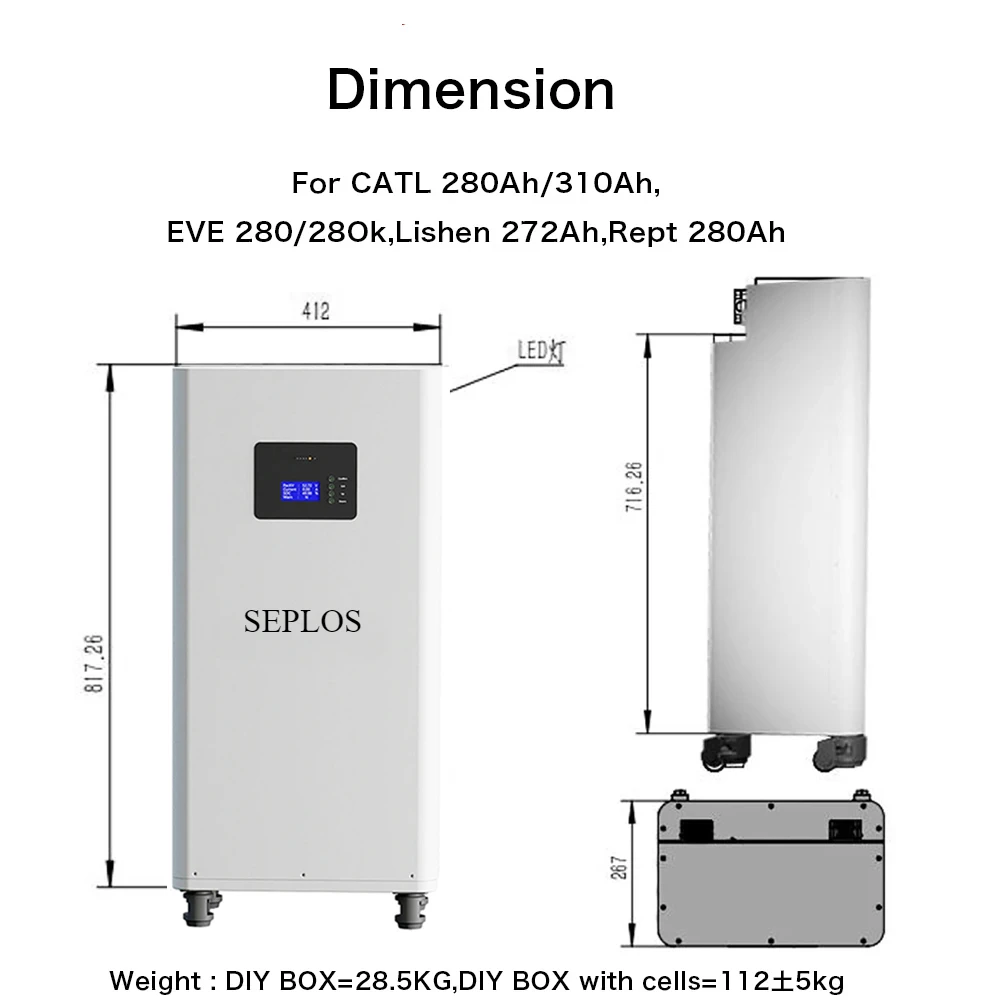 Seplos 3.0 Version 48V Battery Case LiFePO4 DIY Kits Smart BMS 51.2V 280ah LCD 2A Active Balancer Lithium Case Assemble Box