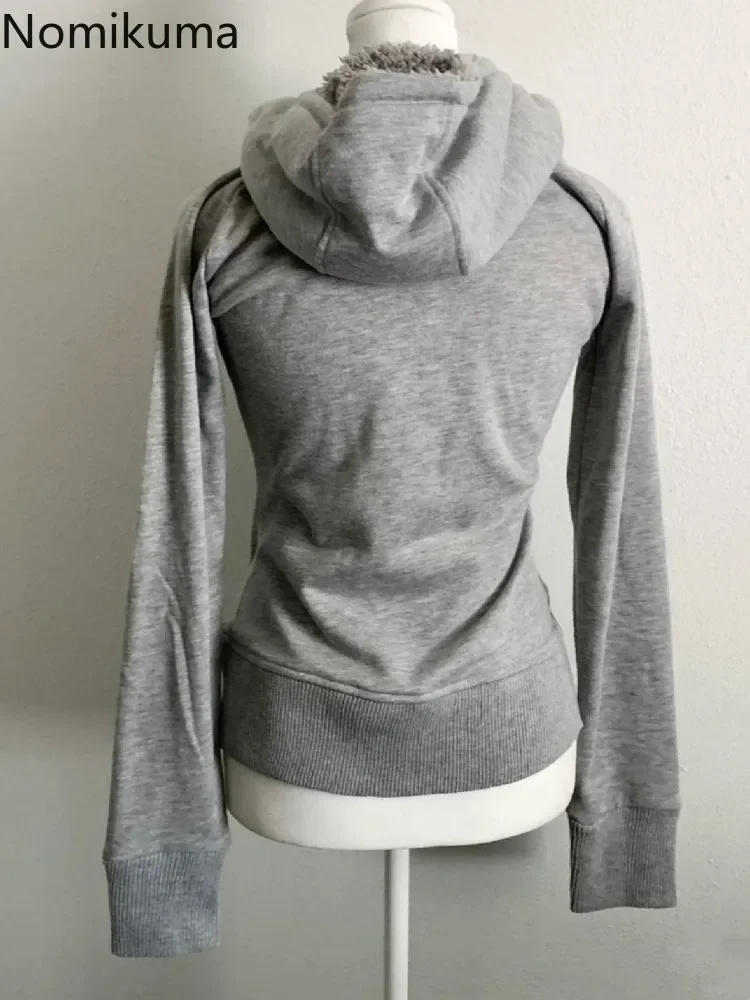 Grey Lamb Wool Double Zipper Hoodies Women\'s Clothes Slim Waist Hooded Vintage Y2k Coats Ropa Mujer Casual Fashion Sweatshirts