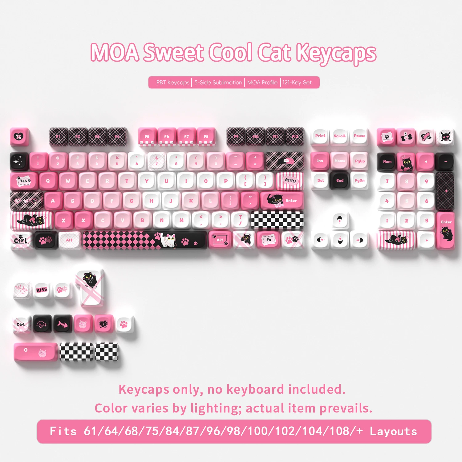 Sweet Cool Cat Keycaps 121 Keys PBT Keycap MOA Profile DYE-SUB For MX Switch Wooting Mechanical Keyboard Keycaps ISO ANSI Layout