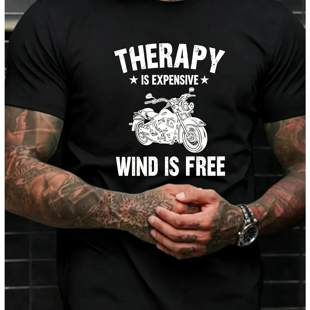2026 New Hot Sale Men Vintage Biker Graphic Tee Therapy Is Expensive Wind Is Free Letter Print Short Sleeve Casual Tops