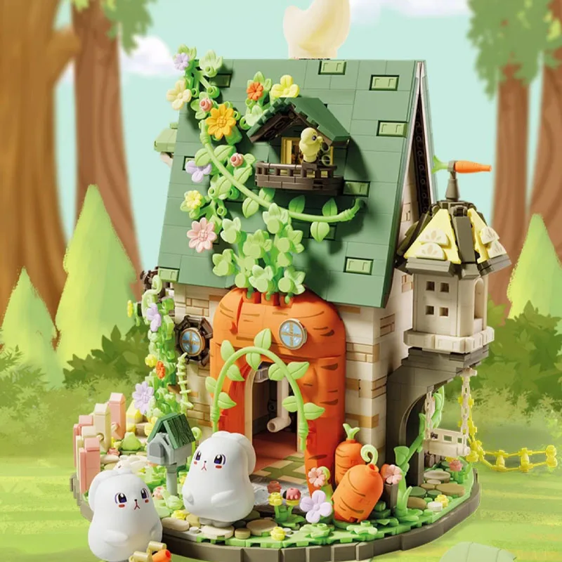 MOC Sprookje Cartoon Bloem Konijn Huis Bouwsteen Set Miniatuur Bos Boom Hut Speelgoed Decor Meisje Verjaardag Jubileumcadeau