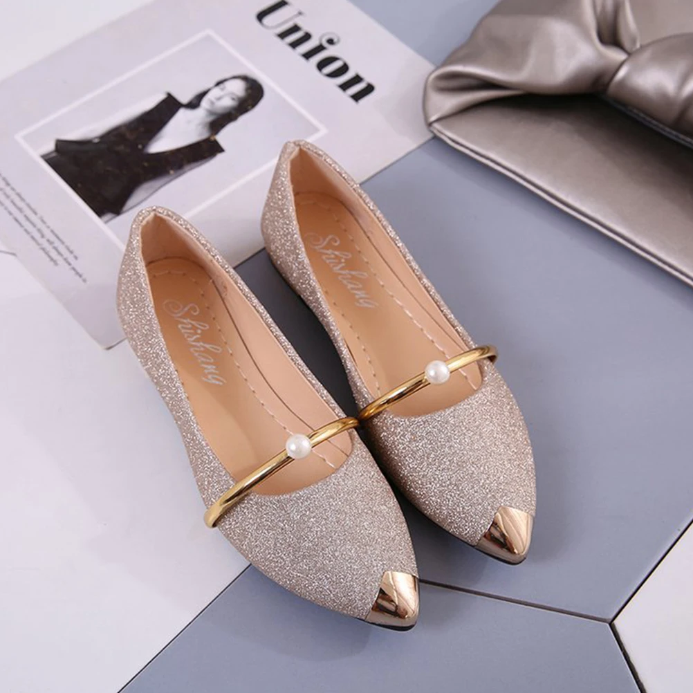 Pearls Pumps Shoes for Women Flats Ladies Sandals Summer Golden Woman Dress Miss