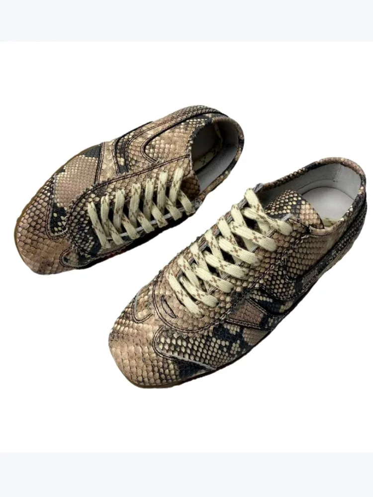 Women Cowhide Snake Pattern Lace-Up Low Heels Pumps Shoes Round Toe Wear-Resistant Fashion Casual Sneakers Real Leather Footwear