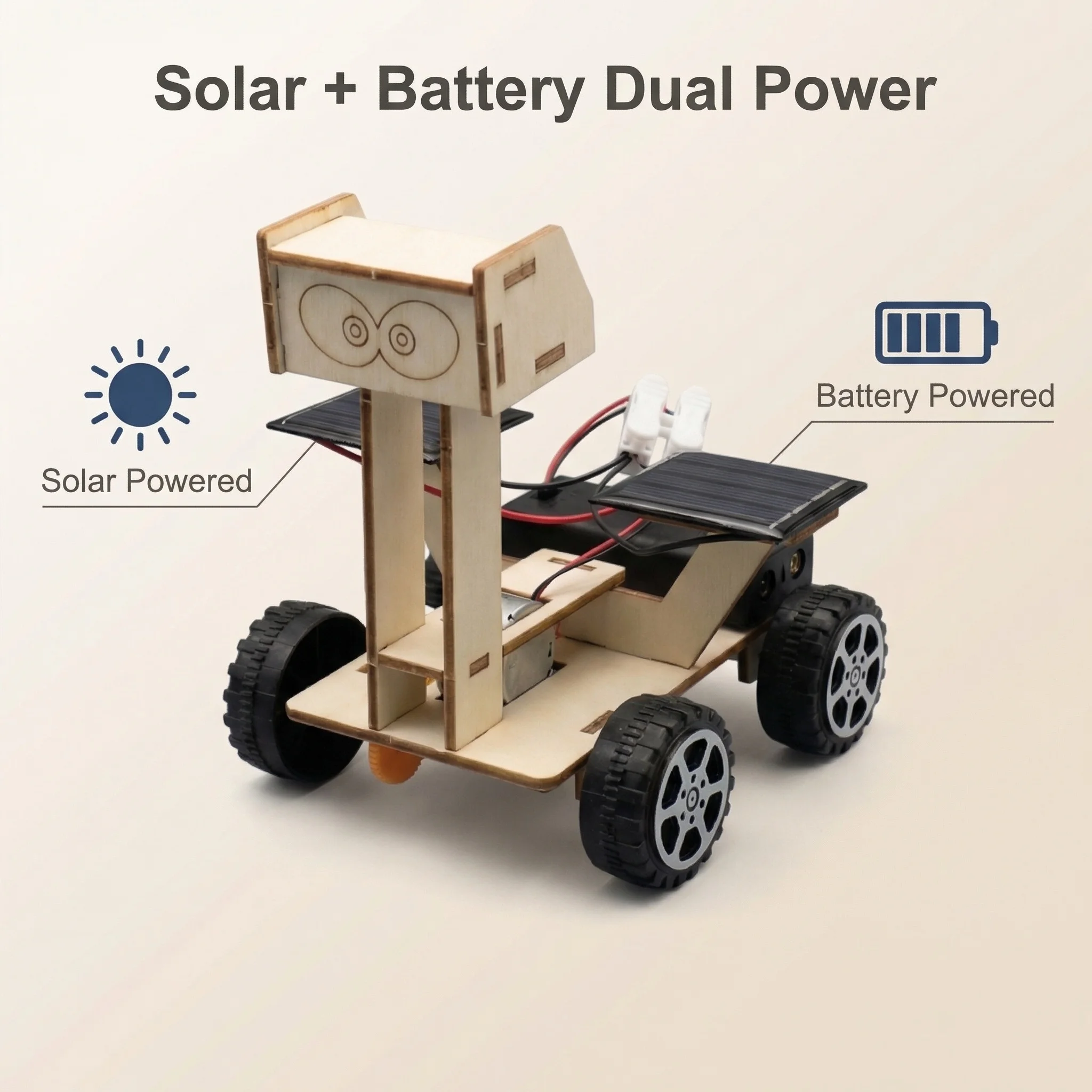 Upgraded 2-in-1 STEM Solar Lunar Rover DIY Kit: Wooden 3D Puzzle Science Education Toy, Solar & Battery Powered Building Model