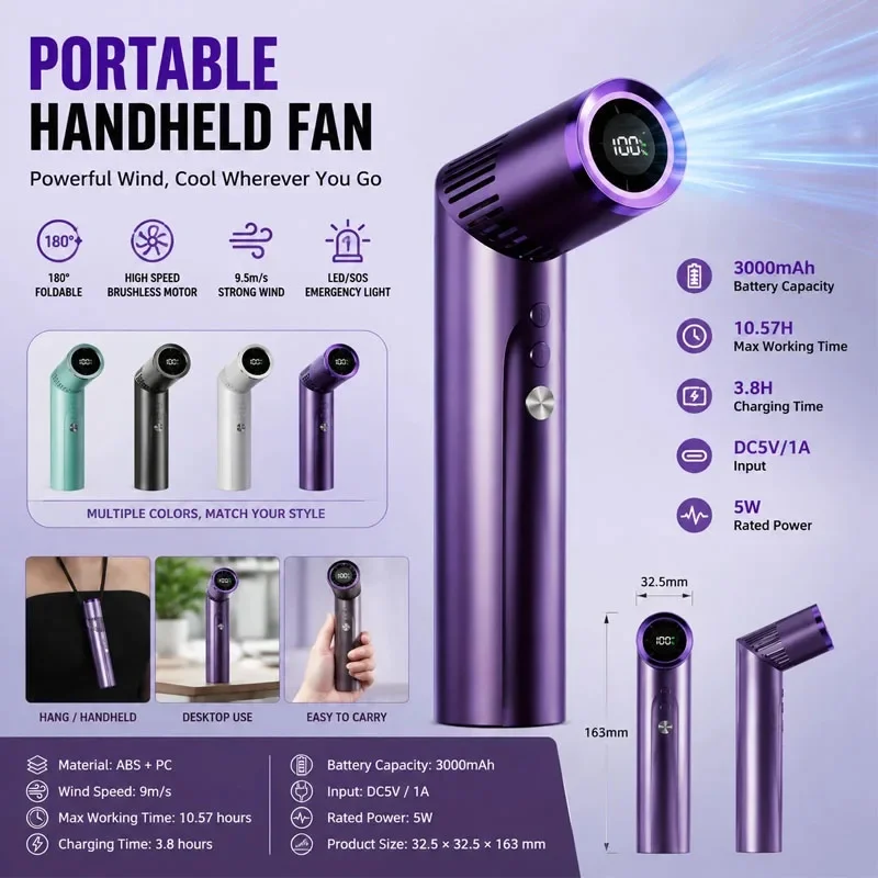 3000mAh Brushless motor large capacity portable charging folding lipstick mini handheld with LED Display small fan