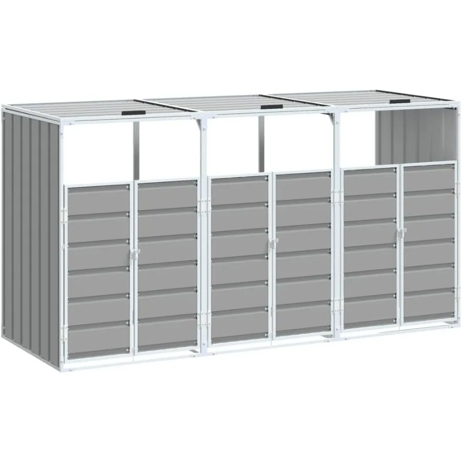 Outdoor triple wheelie bin storage shed for 3 garbage bins, powder-coated steel, gray, durable weather-resistant enclosure, 85x