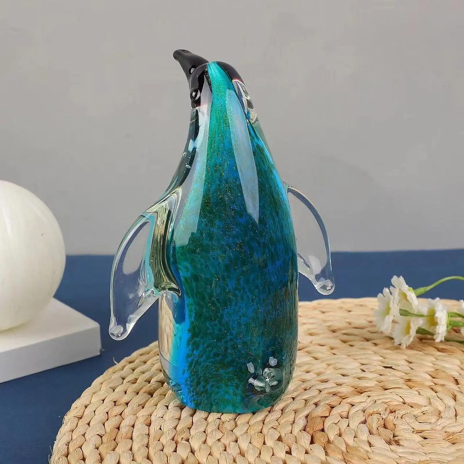 Penguin Glass Figurine with Jellyfish Ornament Handmade Blown Crystal Collectible for Desk Decoration