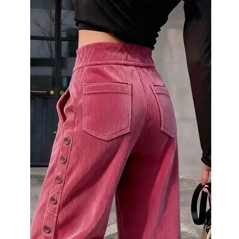 2026 Spring Autumn Popular Corduroy Straight Leg Pants Women's Trousers Pitaya Color High Waisted Loose Design Casual Pants