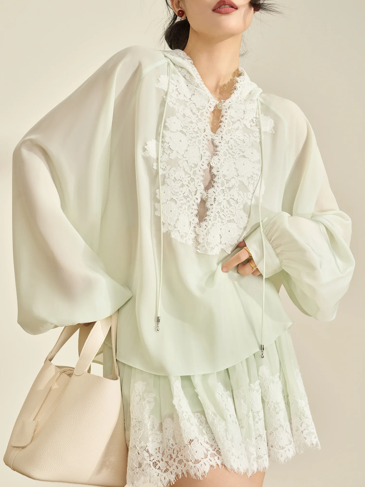 

Early Spring een Lace Splicing Hat Casual Set Women's Faion Lantern Sve Long Sve Breathable Polyester Fiber