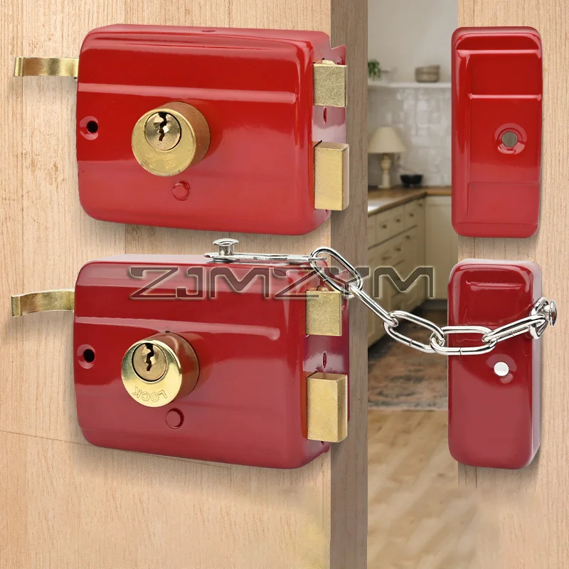 Cast Iron Anti-theft Exterior Door Retro Red Lock Multiple Insurance Lock Wooden Door Lock Security,cerradura sobreponer puertas