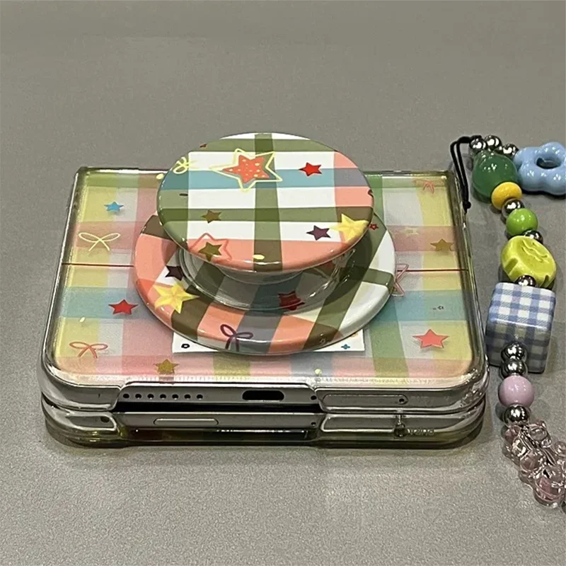 Magnetic Stand Phone Case For Samsung Z Flip7 Z Flip6 Z Flip5 Xiaomi Mix Flip Huawei Pura X Color Plaid Cover With Cute Chain
