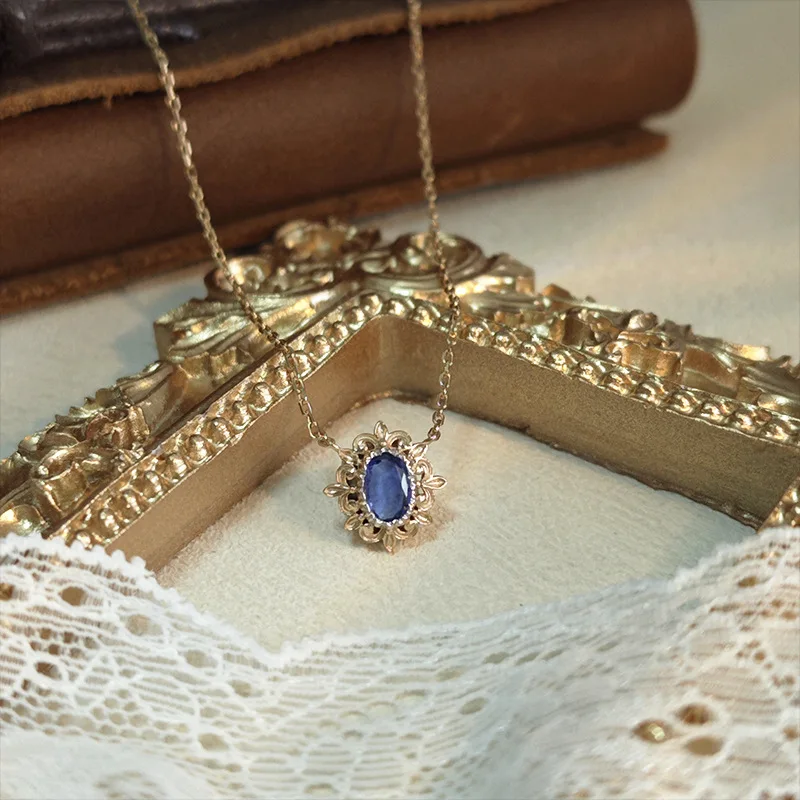 LAMOON Hollowed Lace Natrual Tanzanite Pendant Necklace For Women Vintage Aesthetic 925 Sterling Silver Gold Plated Fine Jewelry