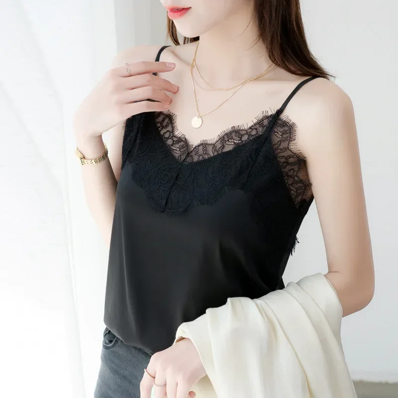 Summer Lace Silk Top Cami Spaghetti Strap Top Tank Ladies Tops White Camisole Basic Tops for Women