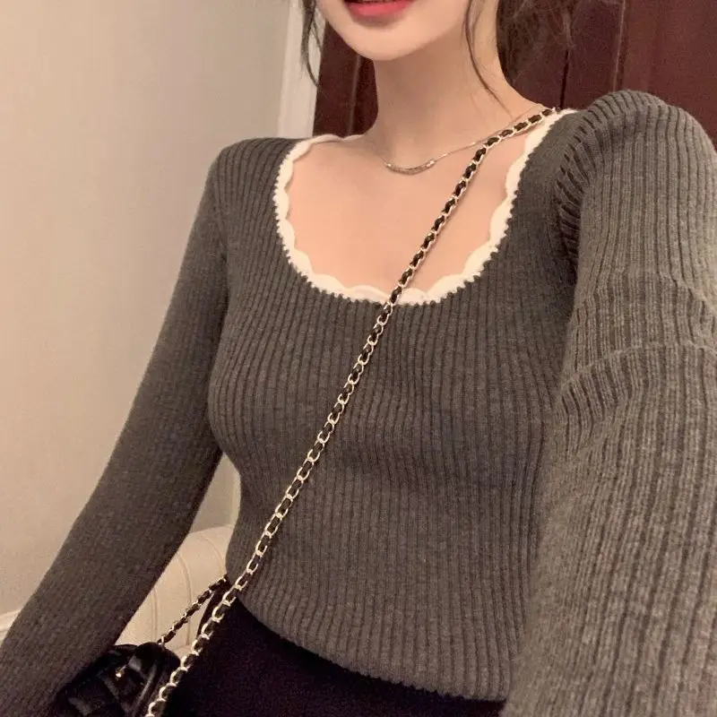 

Girl Style Square Collar Fungus-edged Long-sleeved Slim Bottoming Shirt for Women Autumn Winter Warm German Velvet Top for Women