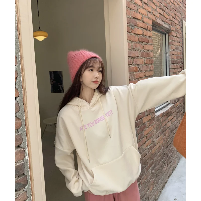 

Women Beige Hooded Sweatshirt Printing Drawstring Vintage Long Sleeve Korean Fashion Casual Y2K Autumn Female Pullover Tops