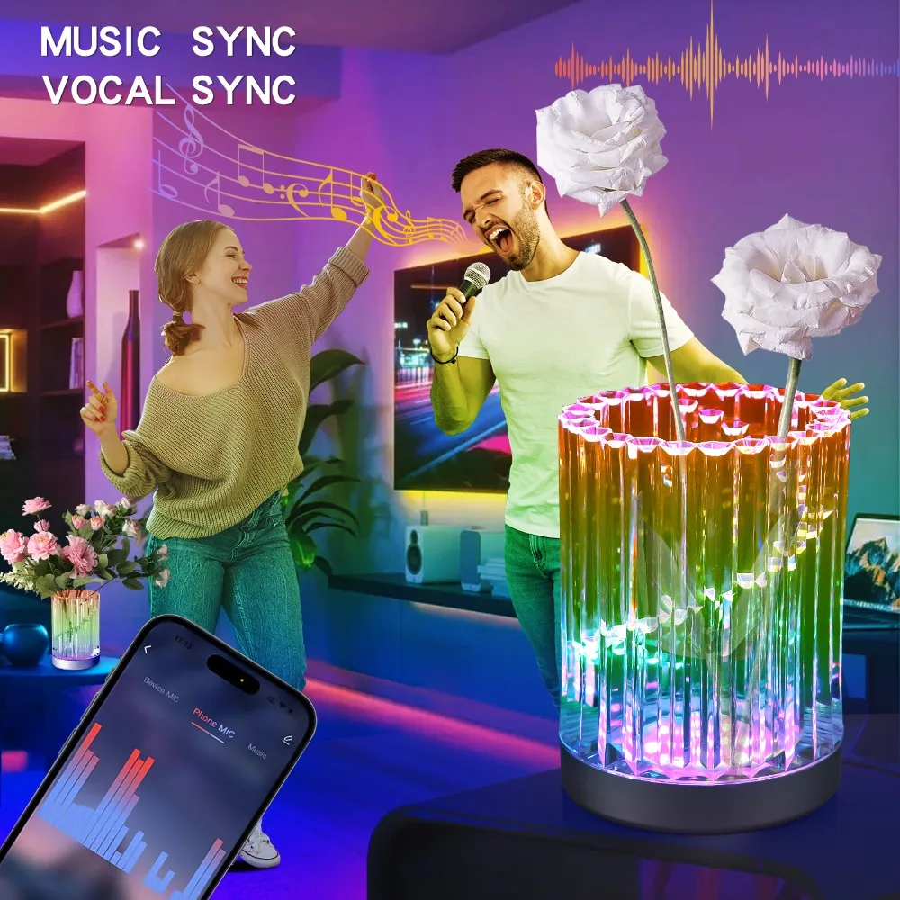 Smart Bluetooth APP Control Atmosphere light vase RGB Color Changing Vase Lamp 5V Dimmable LED Crystal Atmosphere Desk Decor