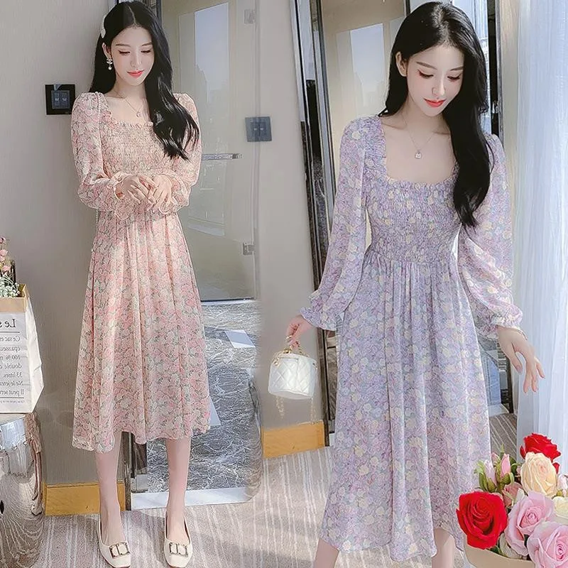 Ele floral embelezado chiffon dr feminino cintura alta na altura do joelho ajuste fino gola quadrada longa saia evasê