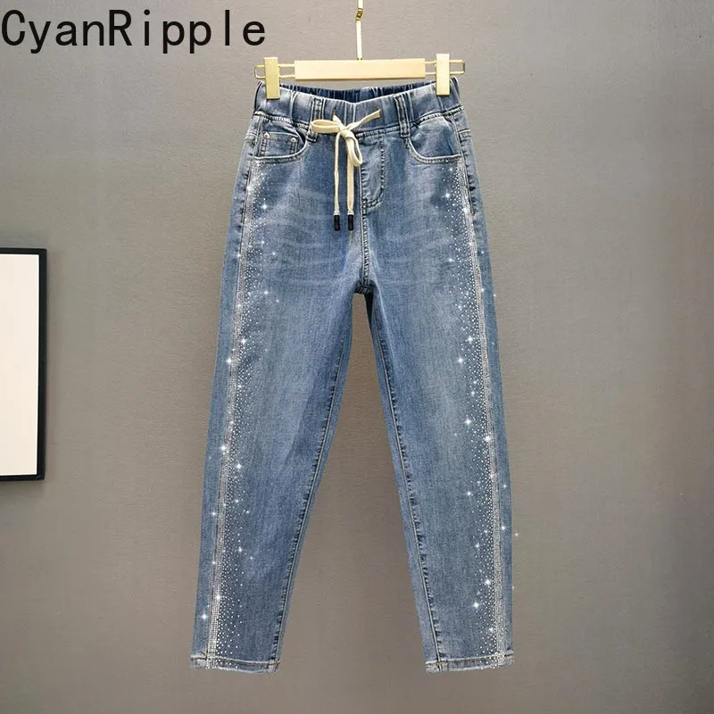 2026 New Spring Drawstring Elastic Waist Denim Harem Pants Shiny Hot Drilling All-match High Waist Women Ankle-length Blue Jeans