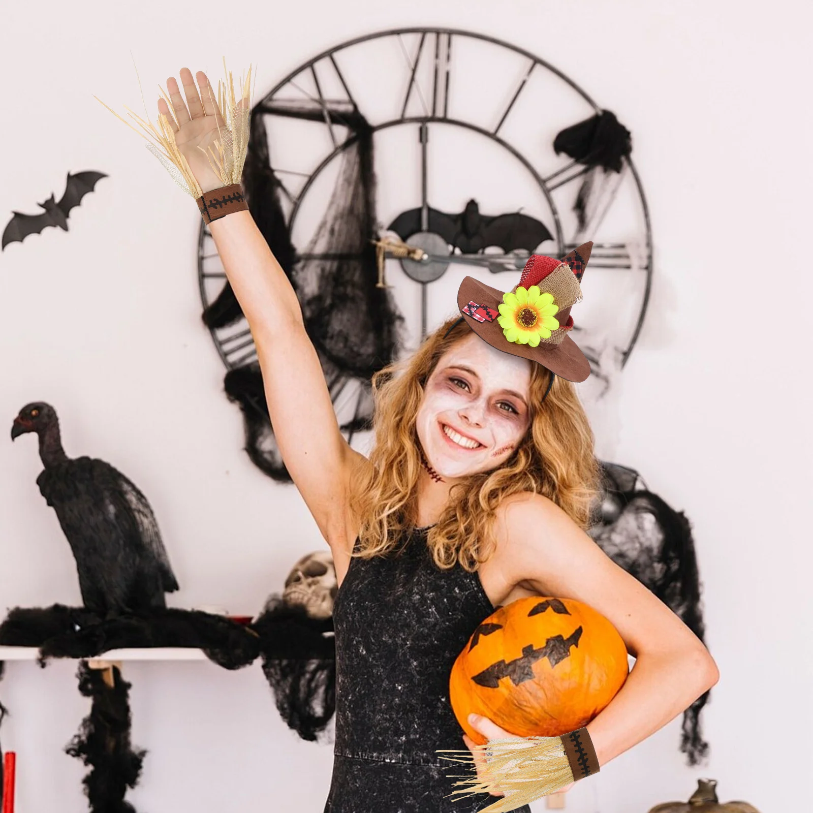 

4Pcs Halloween Party Straw Costume Set Colorful Patch Hat Wristband Necklace Cosplay Carnival Props Halloween Straw Costume