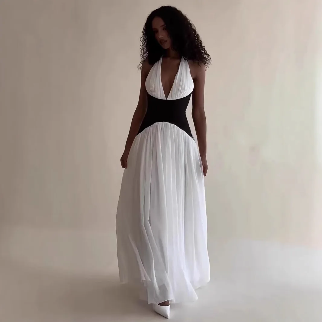 

Color-blocked Halter Pleated Maxi Dress Women Summer V Neck Slim Backless Sexy Robes Lady Elegant Party Long Dress Gown 2025