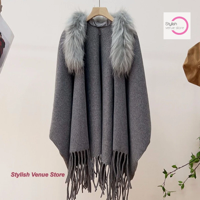 French-style ladies' pure color fur collar imitation collar cloak women's autumn and winter tassel coat knitted casual cardigan