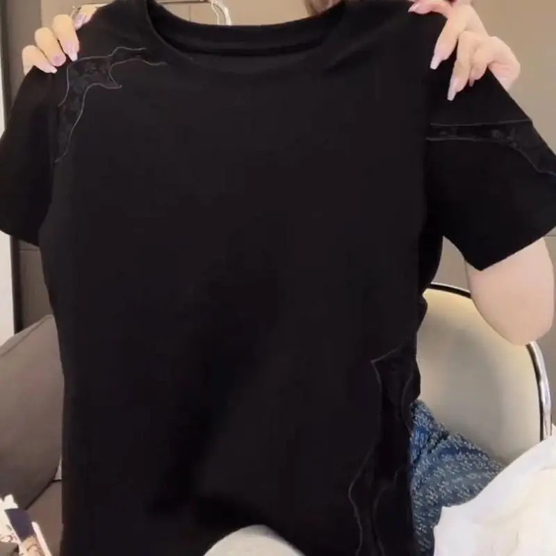 Hollow Out Lace Patchwork Plus Size Solid Casual T Shirts Summer Women Clothes Short Sleeve All-match Vintage Tops Fashion Trend