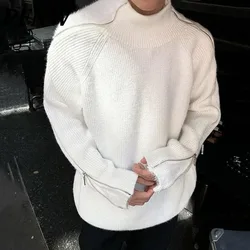 IEFB Niche Design White Men's Sweater Autumn Winter 2024 New Zipper Fake Two Pieces Half-turtleneck Pullover Knitted Tops 9C8045