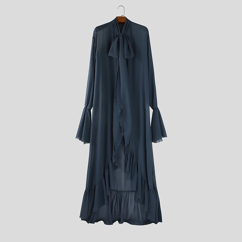 

INCERUN Men Long Style Shirt Solid Ruffle Lace Up See Through Chiffon Men Clothing Streetwear Party Unisex Irregular Shirts