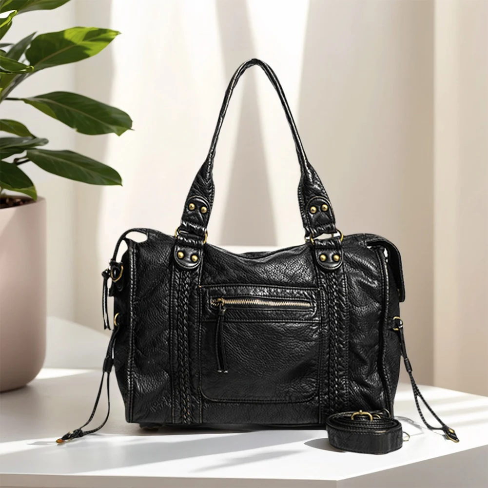 

Leather Retro Shoulder Bag Y2K Crossbody Bags with Pockets RetroMotorcycle Tote Handbags Large Capacity Travel Top Handle Bag