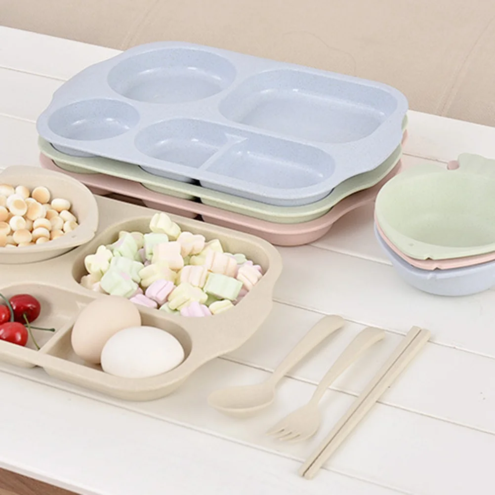 

5Pcs Wheat Straw Tableware Set Pink Plate Bowl Chopsticks Fork Spoon Divided Food Plate Dining Tray