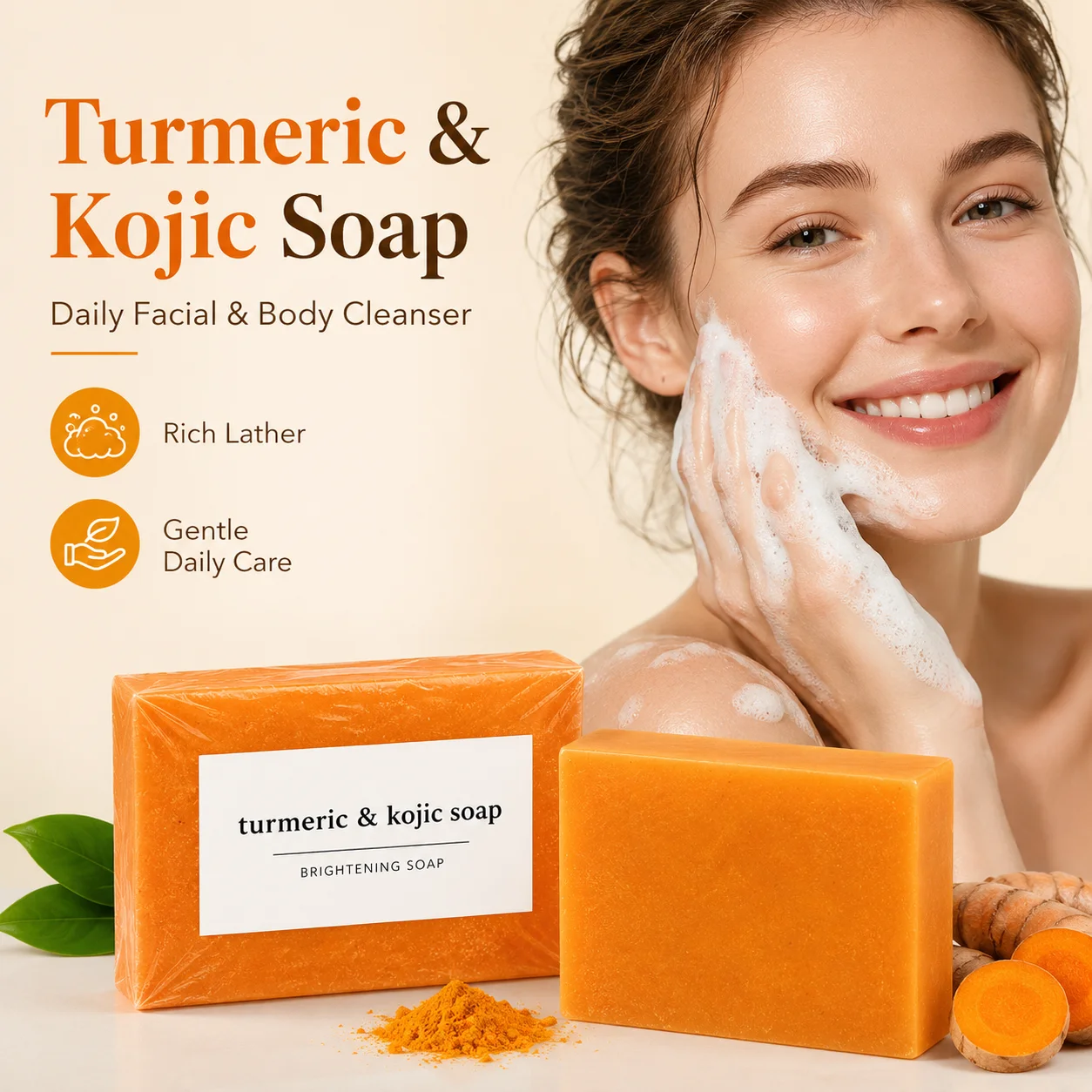 1 Pacote de Barras de Sabão de Cúrcuma e Ácido Kójico (120g) - Infundido com Retinol, Colágeno Hidrolisado, Vitamina E e Manteiga de Karité, Cuidado Suave para