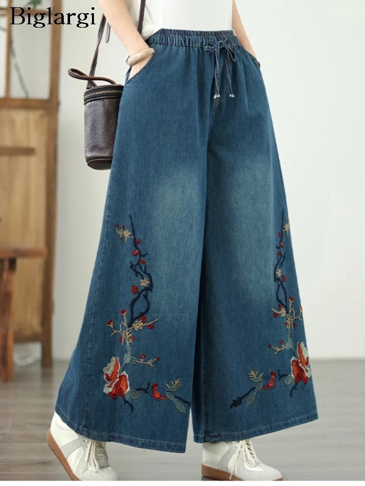 

Oversized Jeans Summer Elastic High Waist Pant Women Flower Floral Embroidery Fashion Ladies Trousers Loose Wide Leg Woman Pants