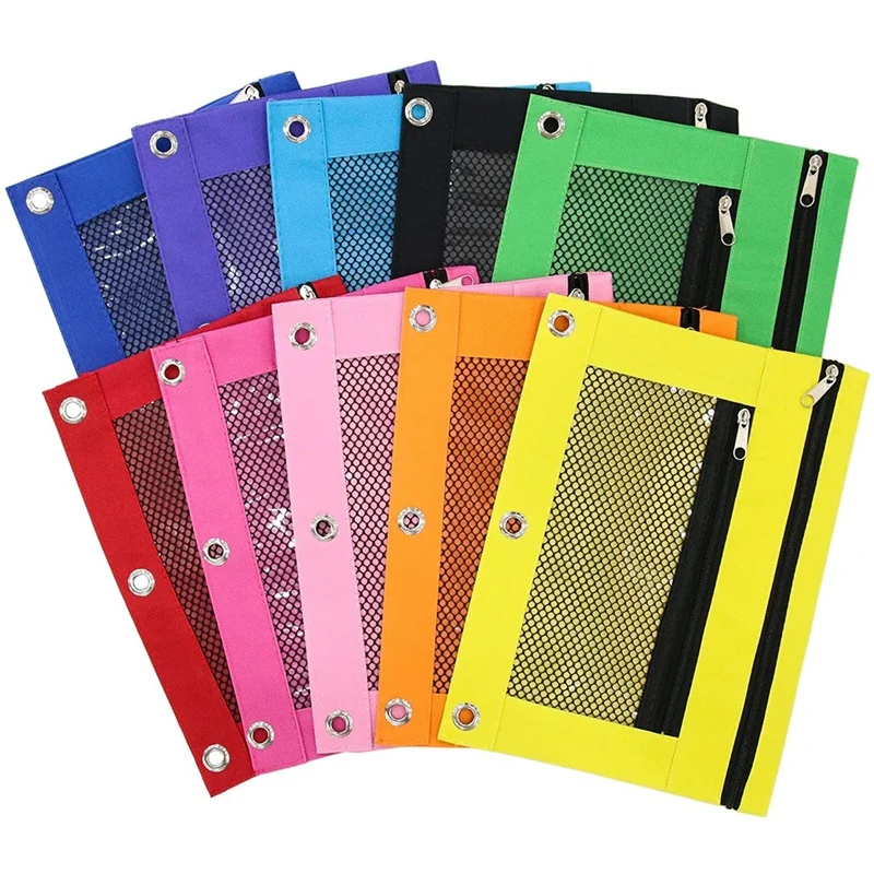 Pencil Pouch For 3 Ring Binder-Zipper Pencil Pouches, Pencil Case With Double Pocket And Mesh Window, 10Pcs Pencil Bags