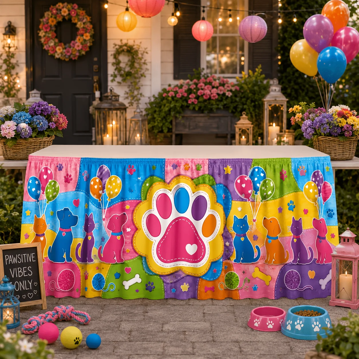One table flag table skirt. Colorful pet print table skirt. Cat and dog paw print balloons and bones.