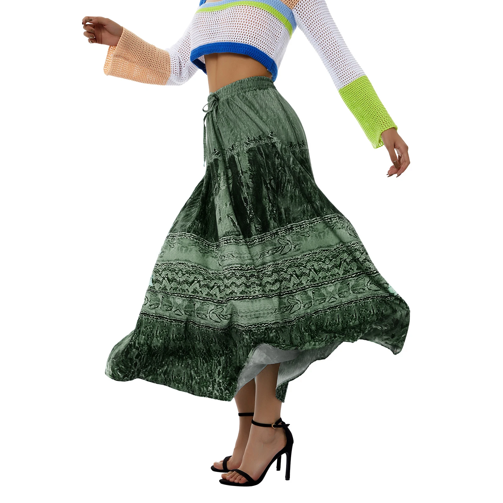 Women Vintage Summer Green Skirts High Waist Tie-Up Long Skirt Beach Style A Line Holiday Grunge Fairycore Skirt Streetwear