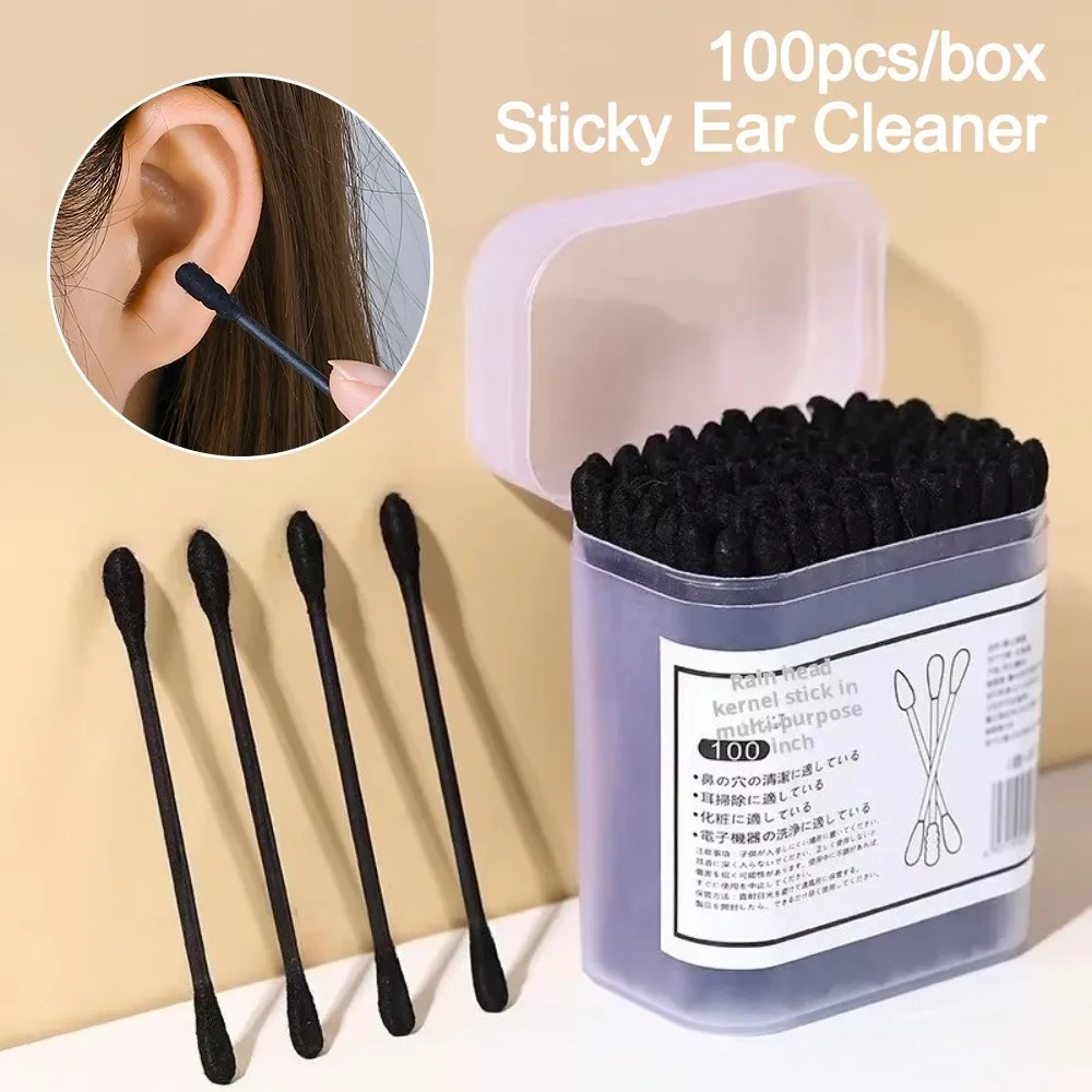 100 قطعة مسحات قطنية سوداء جديدة للاستعمال مرة واحدة شكل حلزوني منظف أذن برأسين تنظيف ناعم برعم قطني عالمي #4